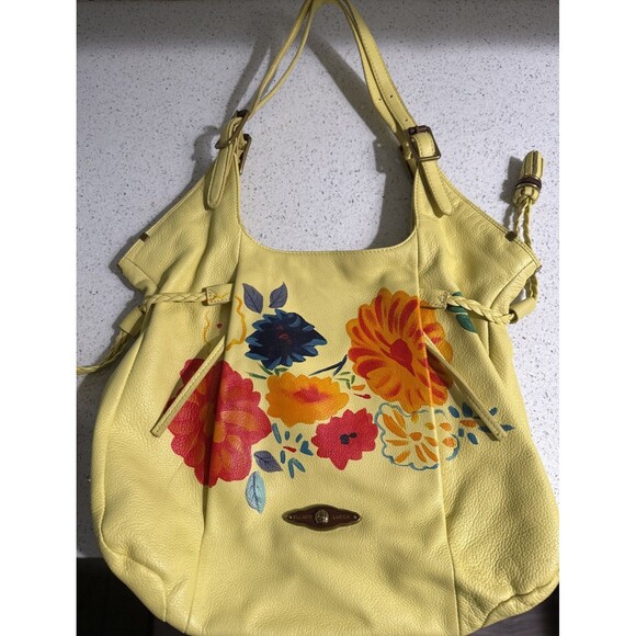 Elliott Lucca Leather Purse Yellow Hand Painted w/ Wood Gold Accents Soft EUC - Picture 1 of 16